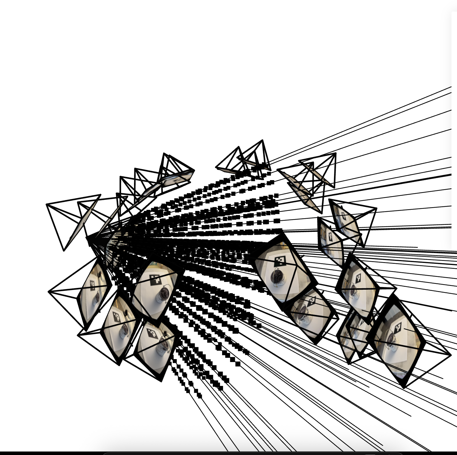 Example camera frustum and sampled rays with dots indicating the points of sampling
